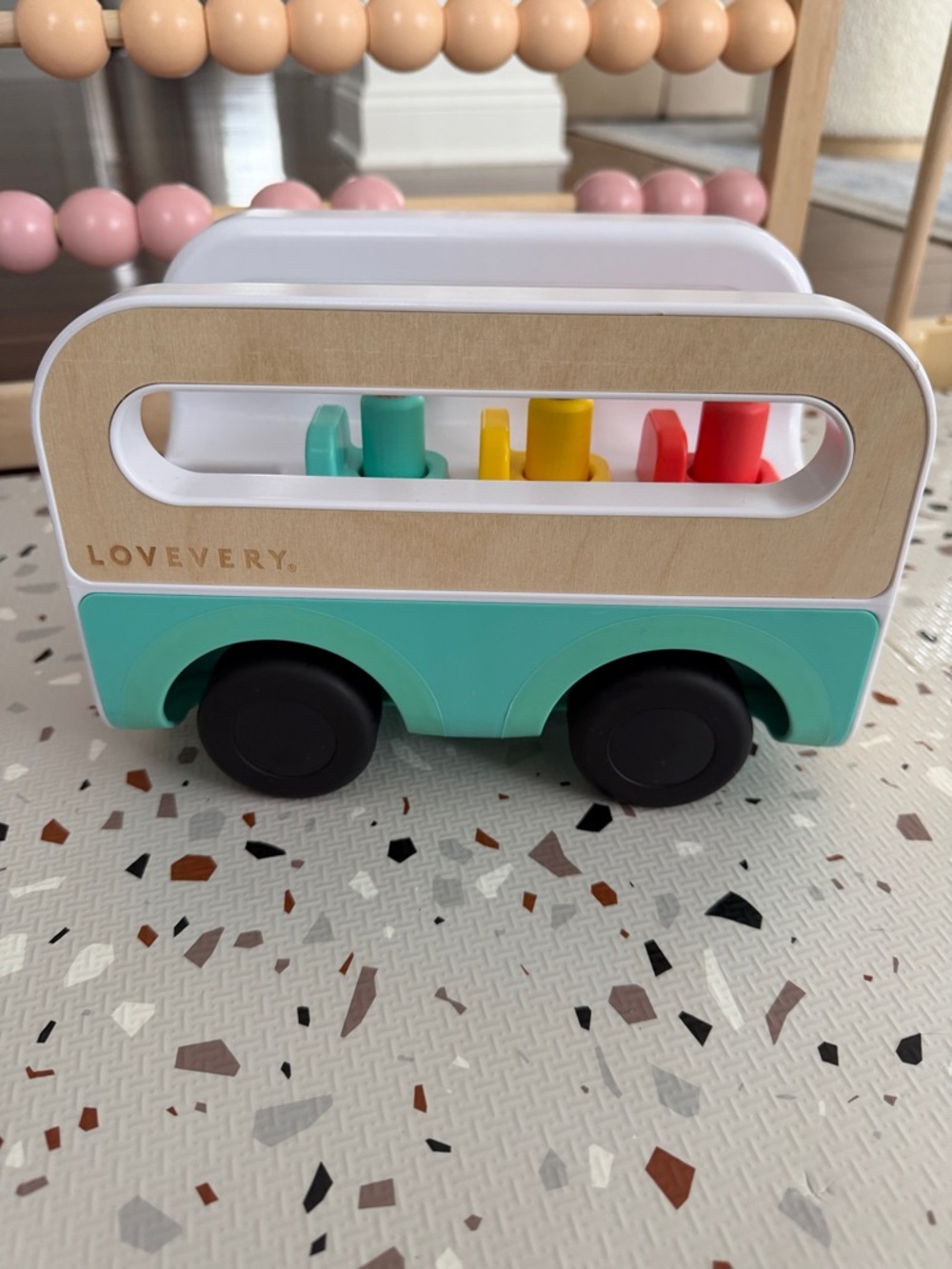 LOVEVERY Teal Wooden Peg Bus Toy